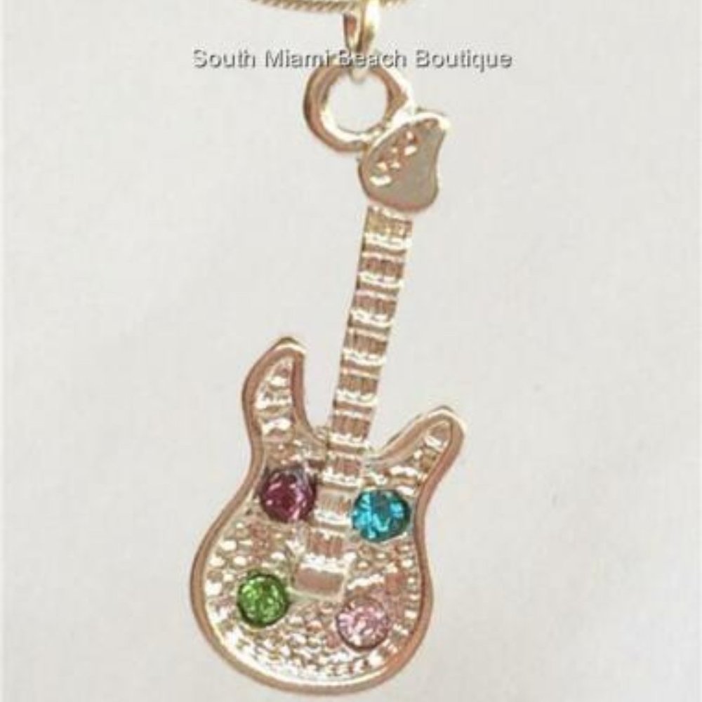 Silver Plated Crystal Bass Guitar Necklace 18" Music Musician Gift Rock Band